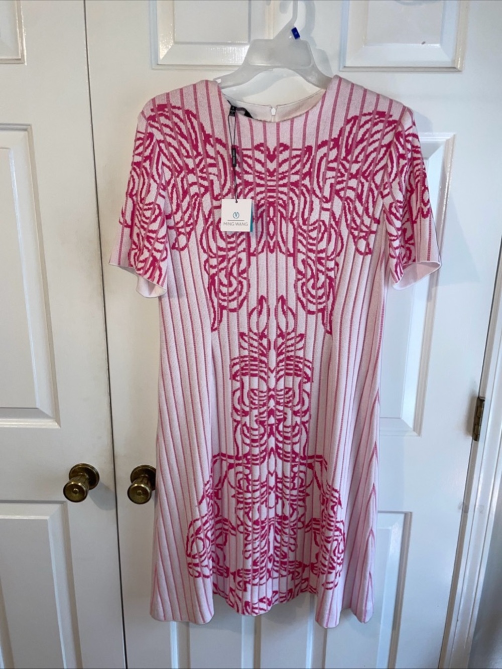 Womens Ming Wang Pink & Fuchsia Patterned Short-Sleeve Knit Dress Size L.